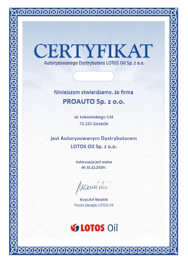 Certyfikat 2019 - Proauto dalej z Lotosem