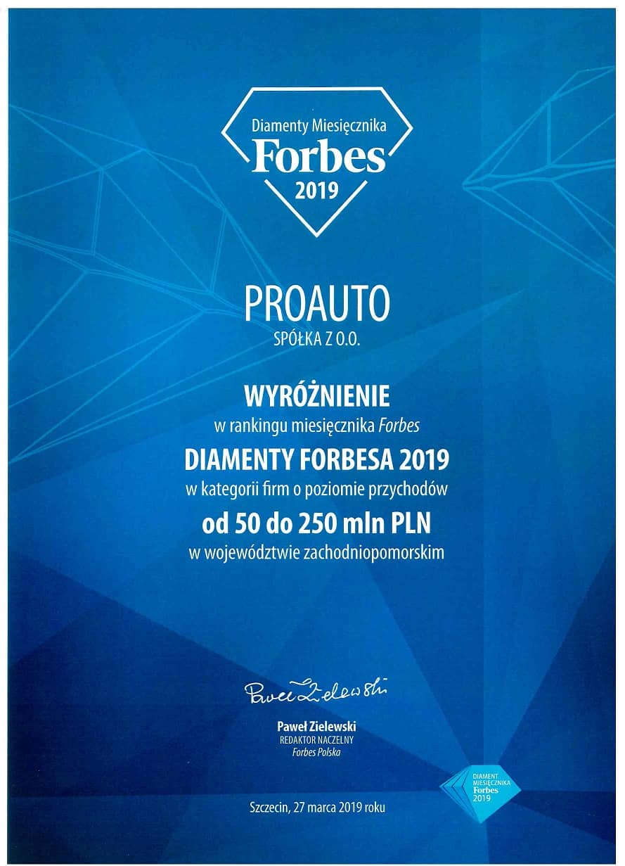 Diamenty 2019m - Wyróżnienie dla PROAUTO w plebiscycie DIAMENTÓW FORBESA 2019