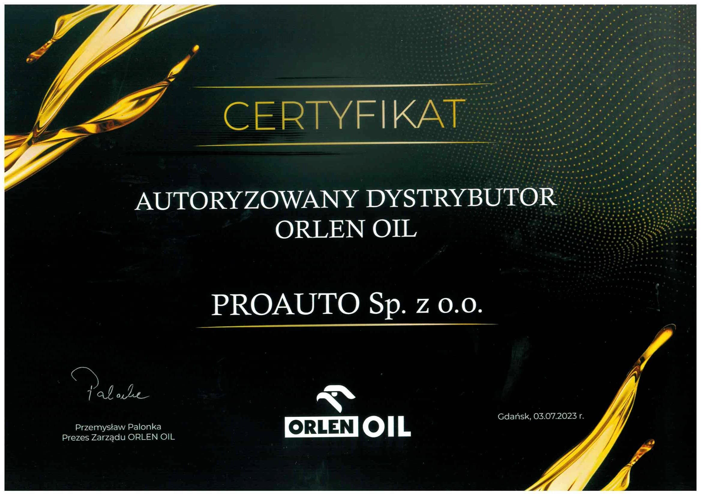 Certyfikat Autoryzacji 07 2023 - Proauto Autoryzowanym Dystrybutorem ORLEN OIL